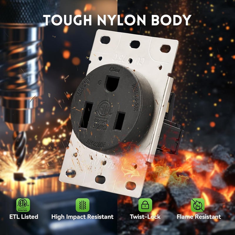 PLUGTUL 50 Amp Receptacle Outlet with Square Cover Plate, NEMA 6-50R, 250V Outlet, Flush Mounting, Straight Blade, Industrial Grade, 30 Amp, ETL Listed - Image 3